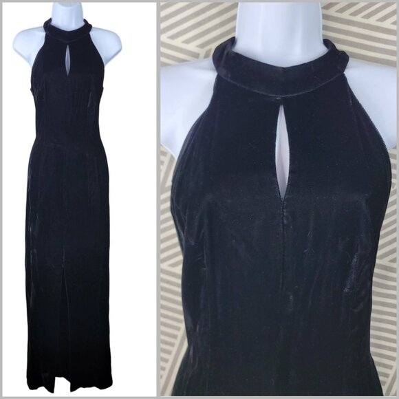 Vintage 80s 90s Evening Dress Maxi XS Small Black Velvet Formal Prom Long Event - Picture 1 of 6